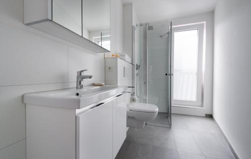 蒂宾根Ferienwohnung Wilhelmstraße的白色的浴室设有水槽和卫生间。