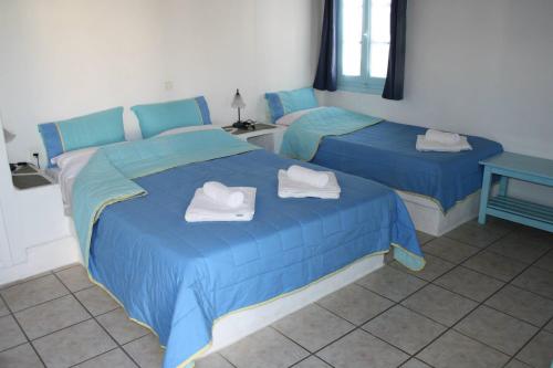 乔拉弗雷恩多斯安普罗斯酒店的配有两张床铺的客房提供蓝色的床单和毛巾