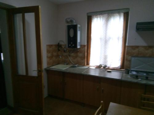 博尔若米Guest House Borjomi的厨房设有窗户和带电视的柜台。