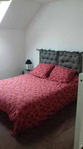 SarceauxAu Petit Bezion的一间卧室配有一张带粉红色棉被的床