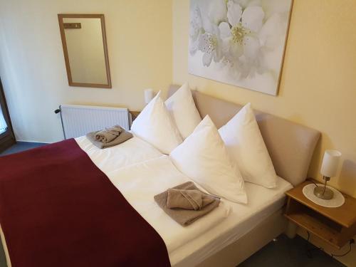 托特莫斯库菲卡内套间12的一间卧室配有一张带白色枕头和镜子的床