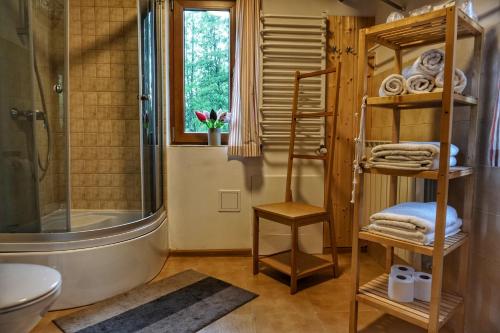 Stare MonasterzyskoMonasteria的带淋浴、卫生间和毛巾的浴室