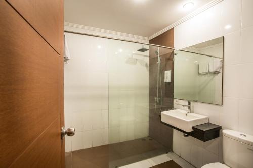 沙努尔斯瓦尔纳酒店的带淋浴、盥洗盆和镜子的浴室