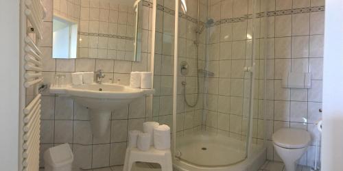 HunteburgRestaurant und Hotel Knostmann的一间带水槽、淋浴和卫生间的浴室
