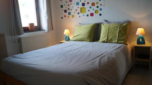 迪南Gite Saboti的一间卧室配有带白色床单和绿色枕头的床。