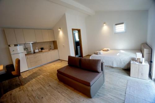 耶泽拉Apartments Sanja的一间卧室配有一张床和一张沙发,还设有一间厨房