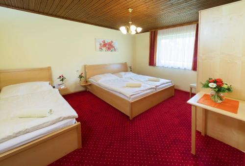 圣卡尼兹Bungalows Angelika am Klopeinersee Turnersee的一间卧室配有两张床,铺有红地毯