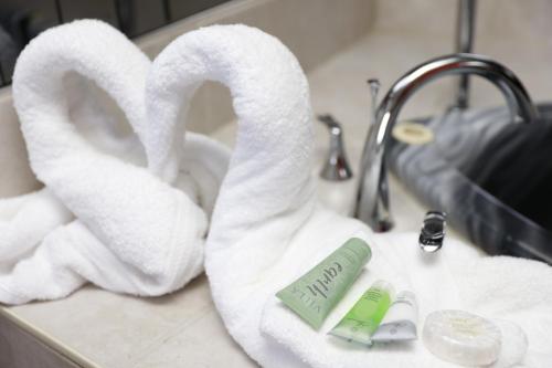 尼亚加拉瀑布富丽通庄园酒店的浴室柜台上备有几条毛巾