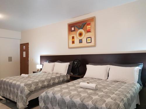 阿纳波利斯B & A Suites Inn Hotel - Quarto Luxo Premium的酒店客房设有两张床,墙上挂着一张照片。