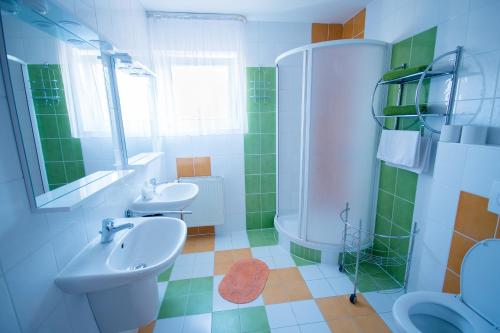 利普托斯基米库拉斯艾达旅馆的绿色和白色的浴室设有两个水槽和淋浴