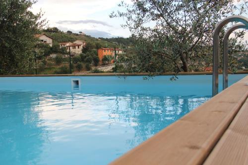 LeiviAgriturismo OlivArancio的拥有蓝色海水和树木的游泳池以及度假屋
