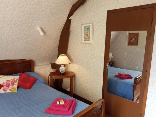 韦泽尔河畔圣莱昂La Clef des Champs的一间卧室配有两张床和镜子