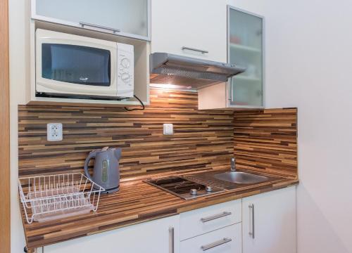 伏尔塔瓦河畔利普诺Apartmán Lipno 20的厨房配有水槽和微波炉