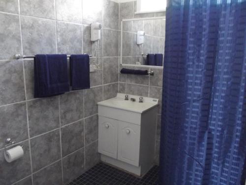 Coonamble库南布尔汽车旅馆的浴室设有水槽和蓝色的浴帘