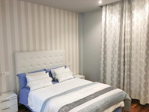 拉苏维亚VILLA CORASAO LUXURY的一间卧室配有一张带蓝白色床单的大床