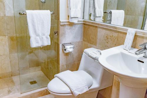 长滩岛皇冠丽晶王子度假村的一间带水槽、卫生间和淋浴的浴室