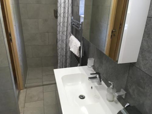 下厄尔什Modern Apartman Deluxe的浴室配有白色水槽和淋浴。