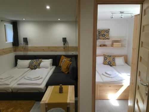 下厄尔什Modern Apartman Deluxe的带沙发和2张床的客厅