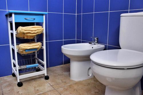 阿罗纳Las Piteras (2)的蓝色瓷砖浴室设有卫生间和水槽