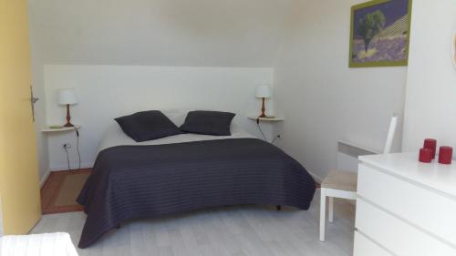 Orbigny21 rue de l'Olivet的一间卧室配有一张带黑色毯子和两盏灯的床。