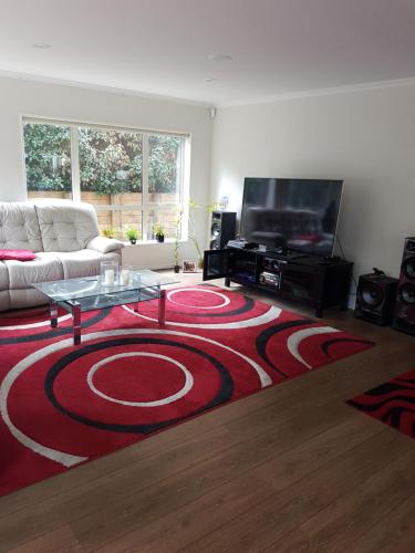 奥克兰Sylvia Park House的一间铺有红色和黑色地毯的客厅