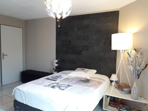 图卢兹:) Grand studio lumineux à Toulouse et parking的一间卧室配有一张大床和黑色床头板