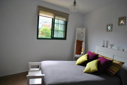 上布雷尼亚Casa Bermudez的一间卧室配有一张带黄色和紫色枕头的床