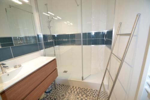 拉罗谢尔Appartement Saint-Nicolas的带淋浴、盥洗盆和浴缸的浴室