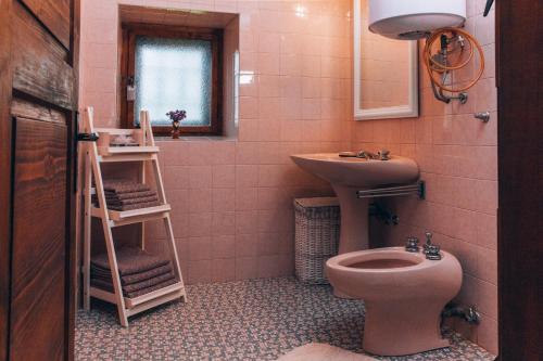 Šmartno na PohorjuHiša na Pohorju的粉红色的浴室设有卫生间和水槽