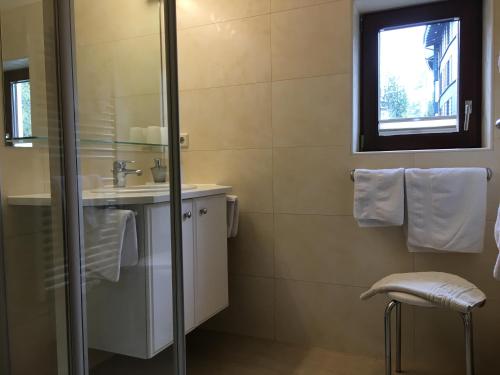 蒂罗尔-泽费尔德Landhaus Frenes Apartments的一间带水槽和镜子的浴室