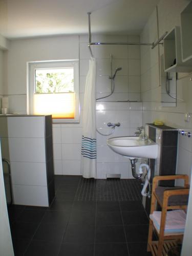 ZierenbergFerienwohnung in Waldrandlage的白色的浴室设有水槽和窗户。