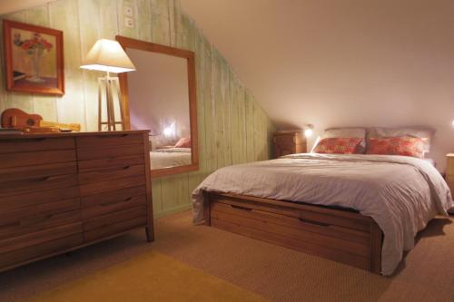 特雷莫拉Gîte Les Truffières的一间卧室配有一张床、梳妆台和镜子