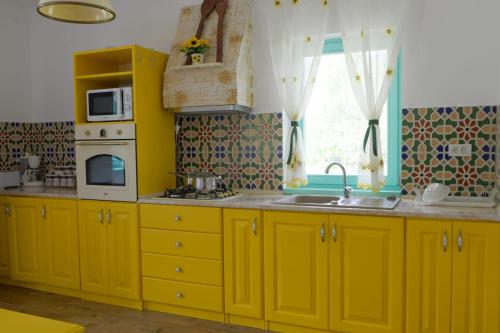 Schitu-TopolniţeiPensiunea HAPPY的黄色的厨房配有水槽和微波炉