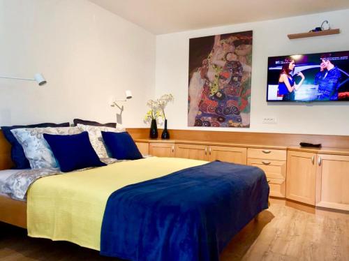 斯楚雅Villa Yadranka的卧室配有一张床,墙上配有电视。