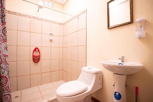 阿拉胡埃拉Flor de Katty Hostel Airport的浴室配有卫生间、盥洗盆和淋浴。