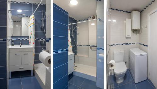 阿罗纳Comodoro Estudio Vista Mar Explotaciones Ravel的浴室的两张照片,蓝色和白色