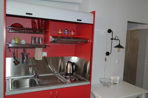 干尼亚Yro Studios的一间带红色橱柜和水槽的厨房