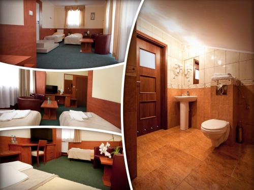 拉辛Hotelik Amber REALIZUJEMY BON TURYSTYCZNY的两幅酒店客房的照片,带浴室