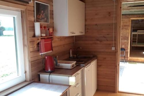 珀尔瓦Metsjärve apartments的厨房设有木墙和台面