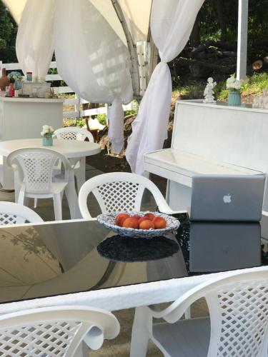 新阿丰Palm Hotel的坐在桌子上的一碗西红柿,手提电脑