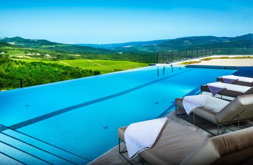 莫托文Winery & Design hotel ROXANICH的一个带躺椅的大型游泳池,海水淡蓝色
