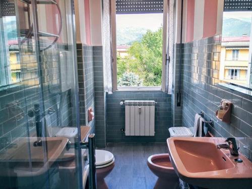 布雷西亚Appartamento con terrazzo zona ospedale civile的一间带水槽和卫生间的浴室以及窗户。