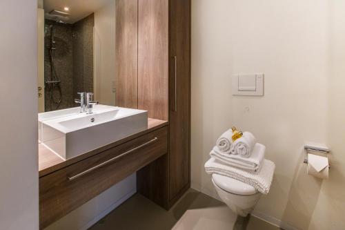 苏黎世Nest - Neptun Studio at Seefeld的浴室配有盥洗盆和带毛巾的卫生间。