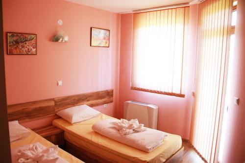 帕维尔巴尼亚Хотел АЛЕКСАНДЪР的客房设有两张床和窗户。