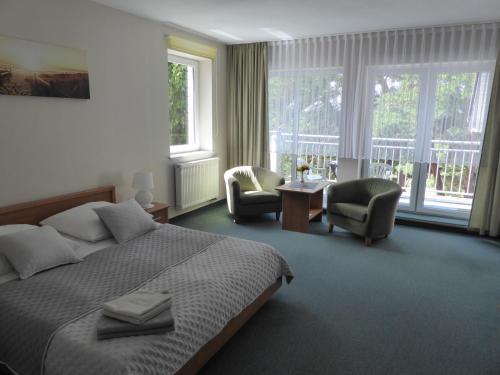 加茨比亚格拉Willa Dalba的酒店客房带一张床、椅子和窗户