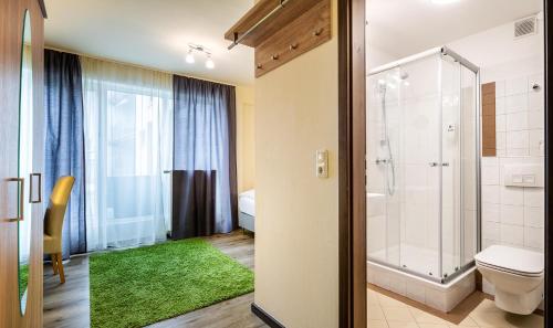特里尔Schroeders City-Style-Hotel的带淋浴和卫生间的浴室以及绿色地毯。