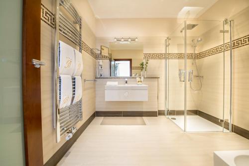 博帕德贝尔维尤公寓式酒店的带淋浴和盥洗盆的浴室
