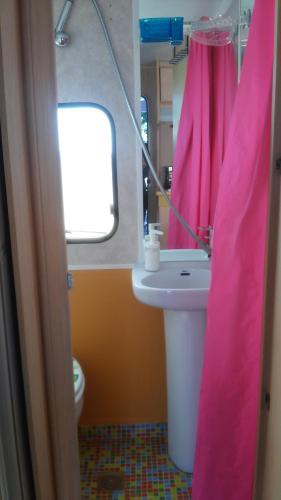 La VeguetaChalet en oasis privado的一间带水槽和粉红色淋浴帘的浴室