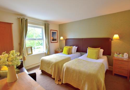 凯珀尔克里格Bryn Tyrch Rooms的酒店客房设有两张床和窗户。
