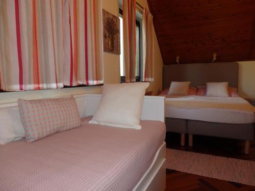 韦伦采Orgona Vendégház的一间卧室设有两张床和窗户。